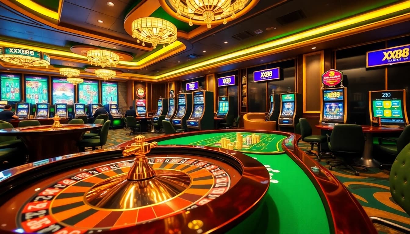 Exciting gambling scene at XX88 casino with roulette wheel and poker action