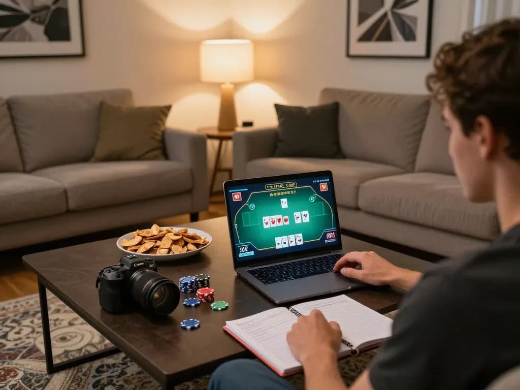 Engaging in online poker at home using Vipwin's platform on a warm living room setup.