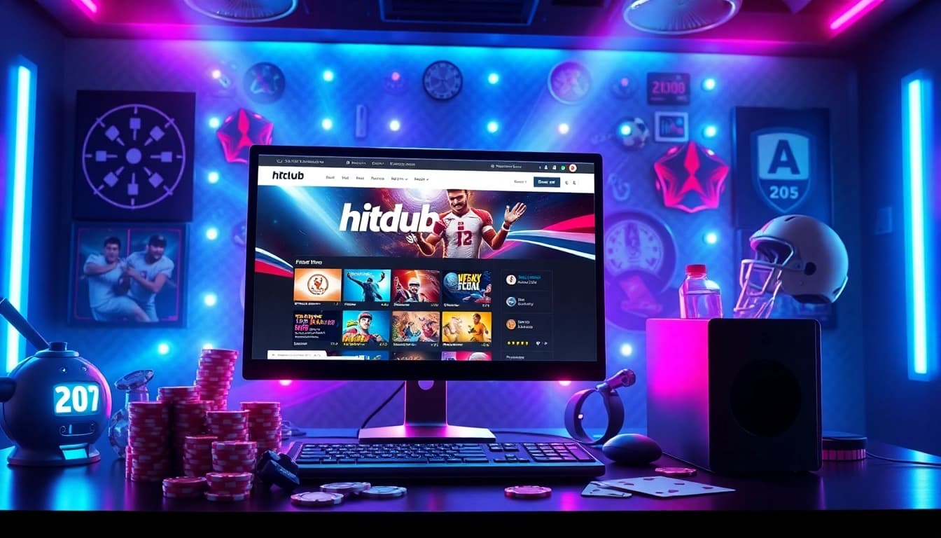Hitclub gaming setup featuring a vibrant digital interface and colorful LED lights.