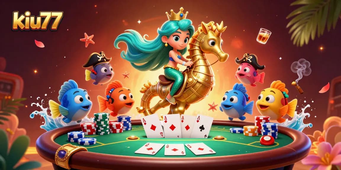 Engage with Kiu77's vibrant gaming experience featuring a mermaid princess at a lively poker scene.