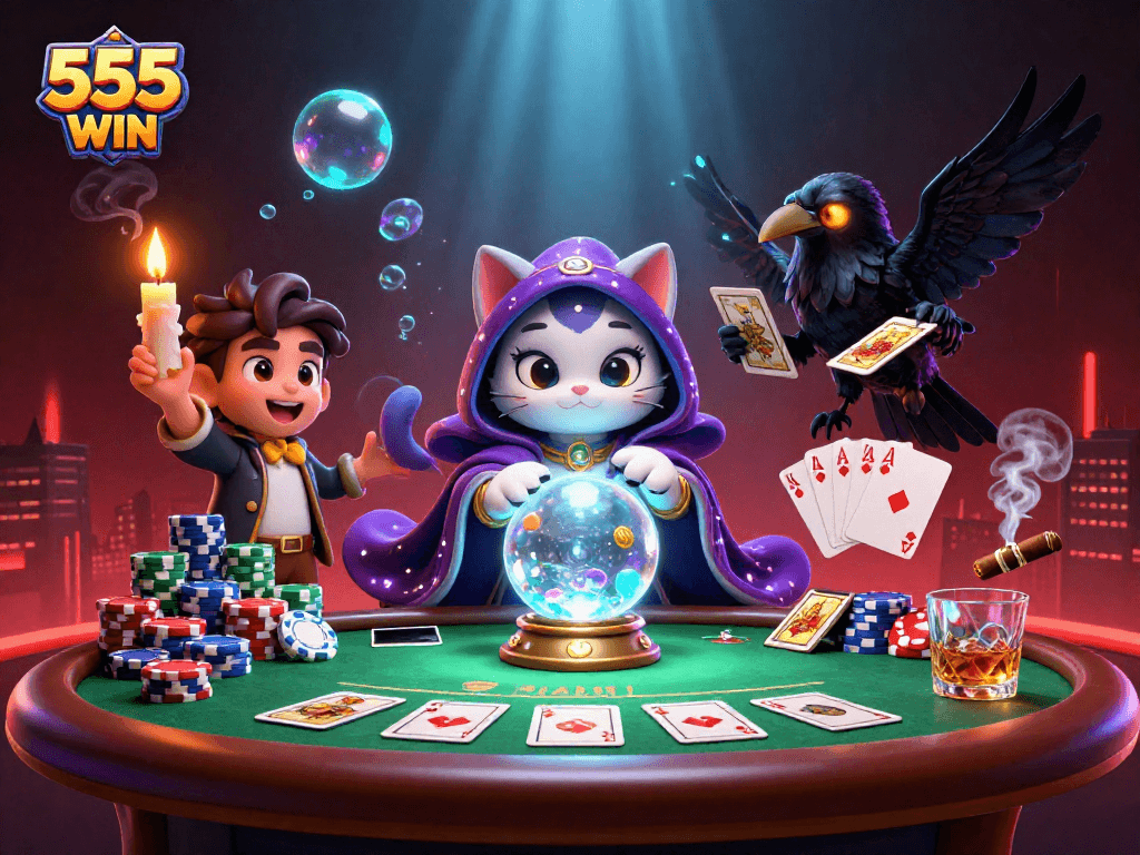 Engage with 555 WIN at a dynamic table, witnessing a mystical cat and tarot raven surrounded by poker chips.