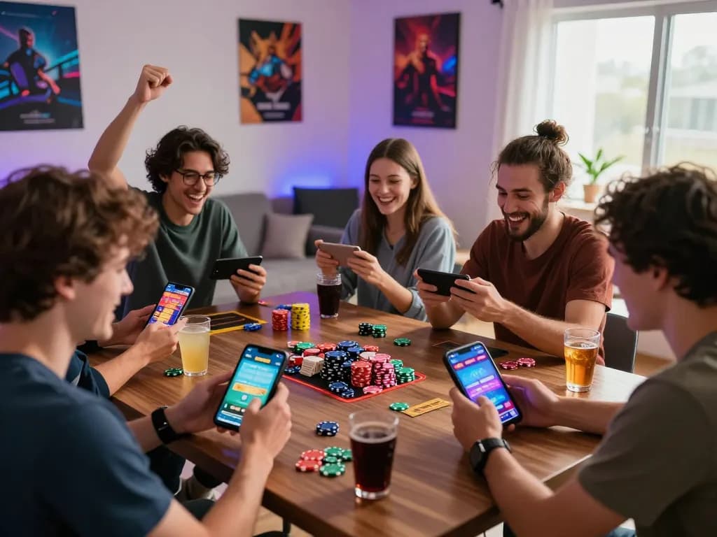 Friends enjoying 79King gaming app in a vibrant living room setting.