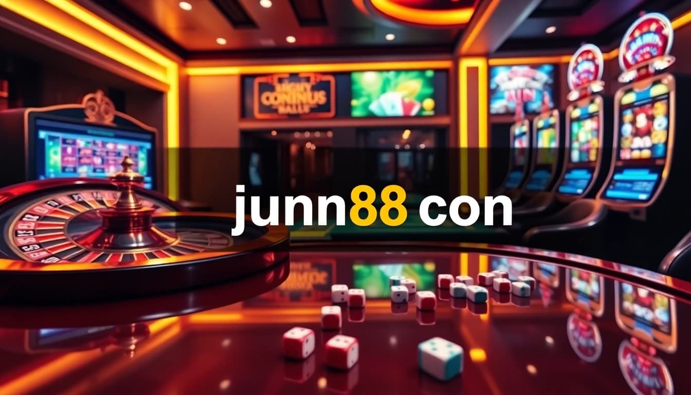 Engage with the thrilling world of jun88 con, showcasing a vibrant online casino atmosphere complete with roulette wheels and slot machines.