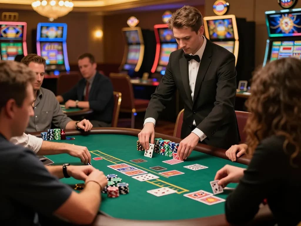 Players enjoying a thrilling blackjack game at sunwin casino, focusing on strategic moves and interaction.