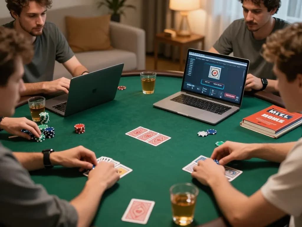 Players at 555win enjoy online poker night, with cards and chips on a cozy table.