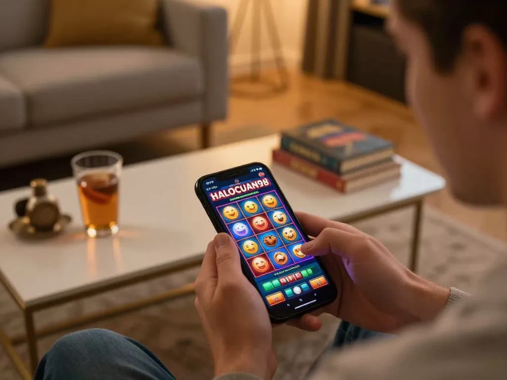 Terlibat dalam permainan online yang menarik di HALOCUAN98 menggunakan smartphone di lingkungan rumah yang nyaman.