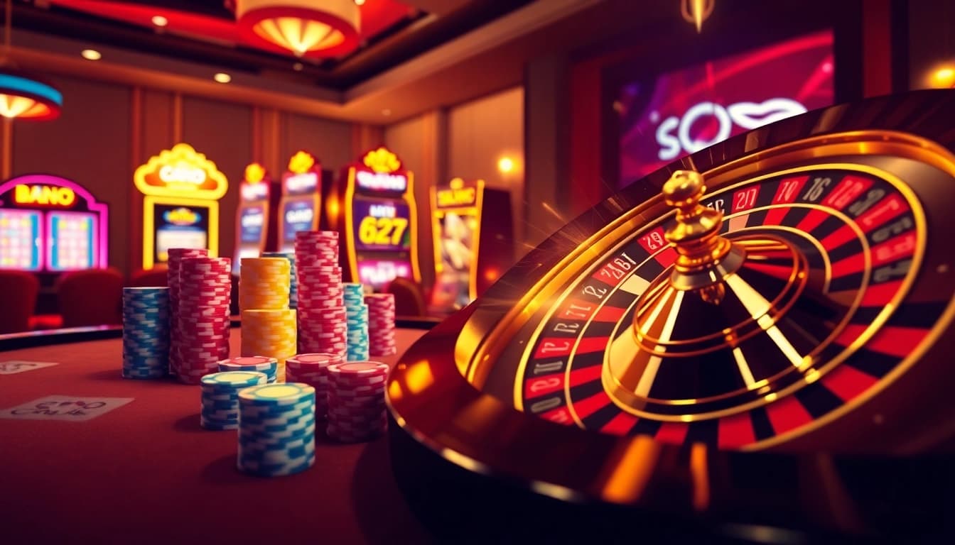 SODO66 players engaging with a luxurious casino table and vibrant slot machines.