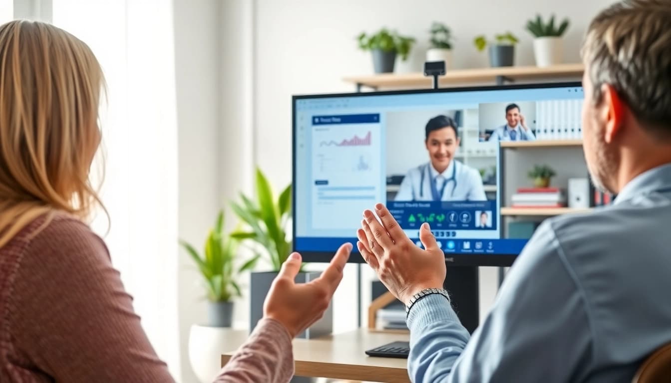 Engaging low cost telemedicine consultation between a doctor and a patient via video call in a cozy office setting.