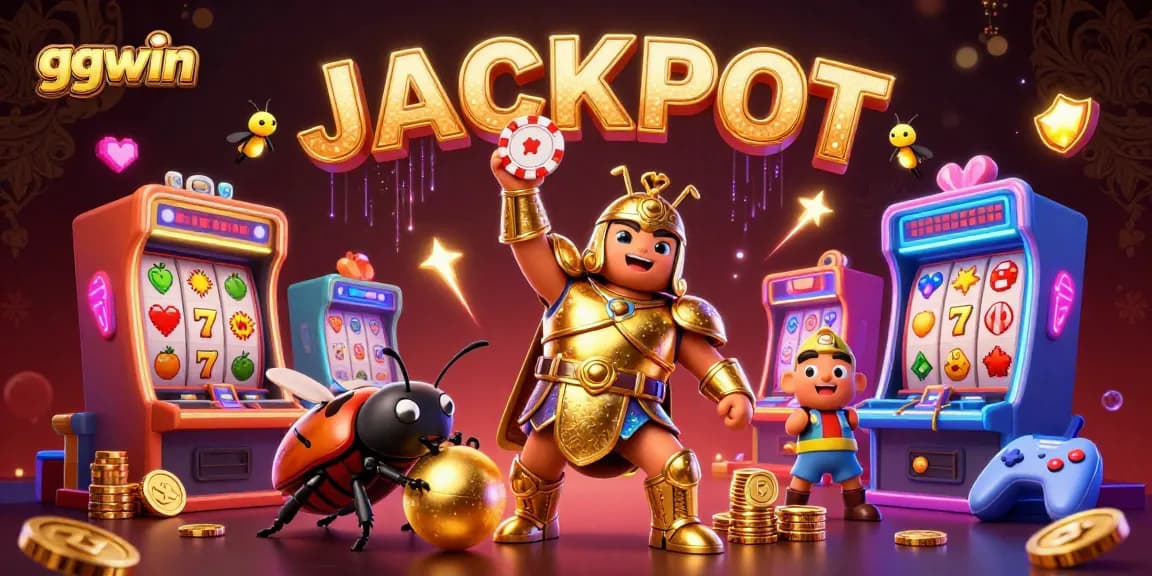 ggwin celebrates a casino victory with dazzling slot machines and a vibrant jackpot setting.