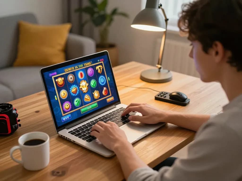 Playing a demo slot game on a laptop in a cozy home setup.