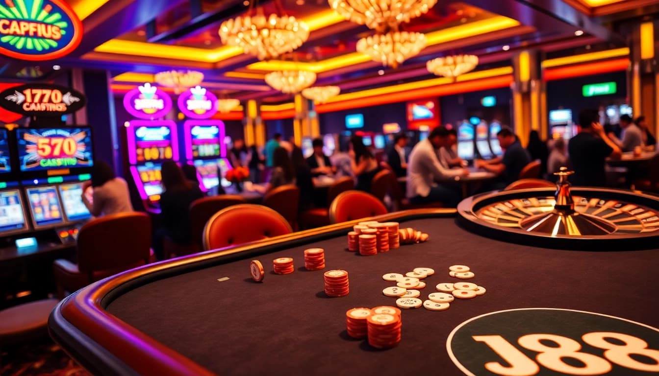 Engage with J88 Casino's exciting poker table and vibrant slot machines amidst a lively gaming atmosphere.