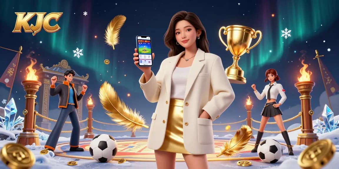 KJC sports betting app showcased by a stylish Asian woman amidst dynamic gambling elements.