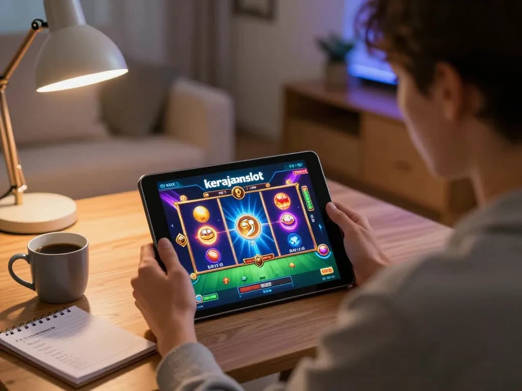 Engaging in kerajaanslot gameplay on a tablet in a cozy living room with strategic notes.