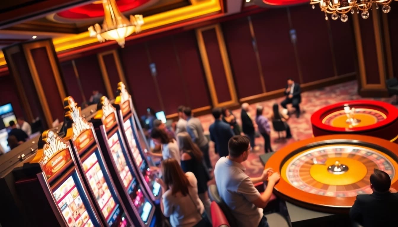 Players enjoy slot gacor machines in a vibrant casino environment filled with excitement and luxury.