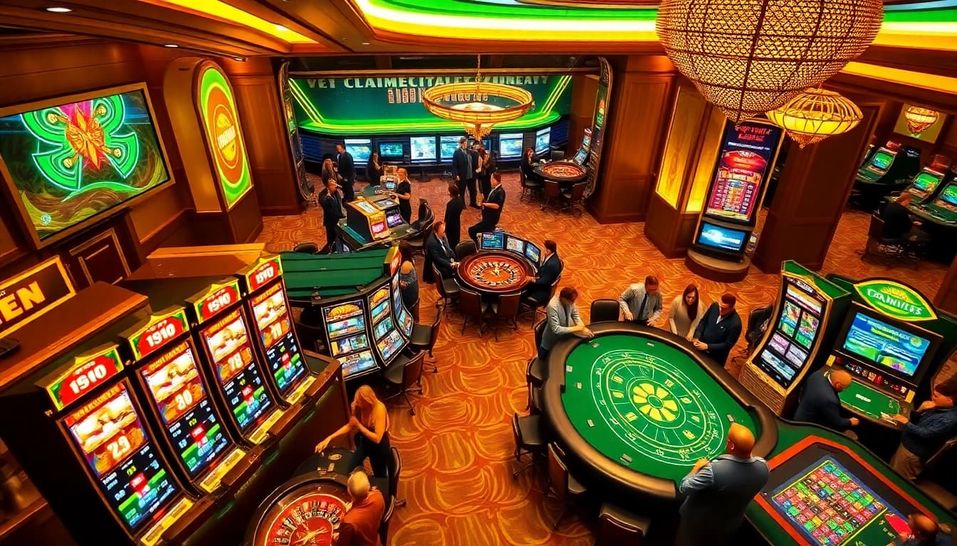 Exciting idnslot gaming experience on a vibrant casino floor with slot machines and table games.