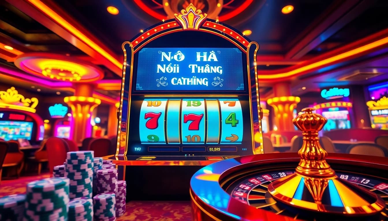 Nổ Hũ Đổi Thưởng showcased in a vibrant casino scene featuring slot machines and roulette wheels, exuding luxury and excitement.