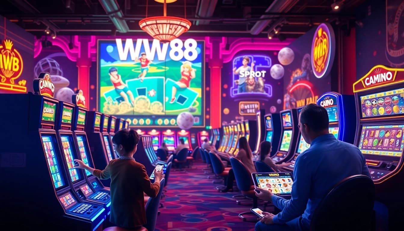 Exciting online gaming experience at WW88 featuring vibrant casino elements and players engaging on mobile devices.