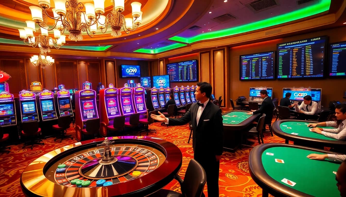 Players enjoying thrilling moments at Go 99 casino, surrounded by exciting slot machines and vibrant tables.
