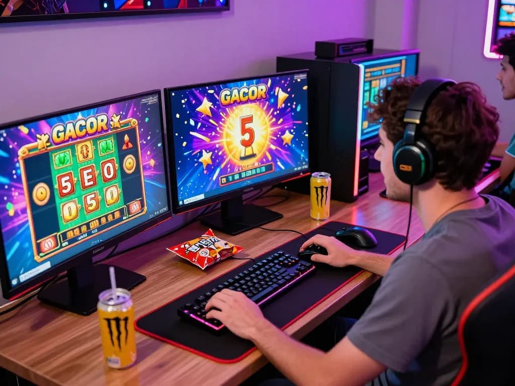 Excited player immersed in SLOT GACOR online gaming, celebrating a big win.