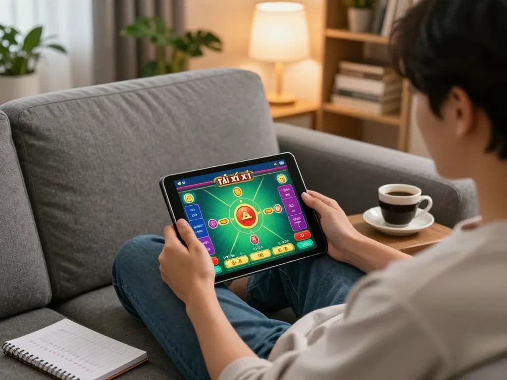 Tai xỉu online game in action on a tablet with cozy home gaming setup.