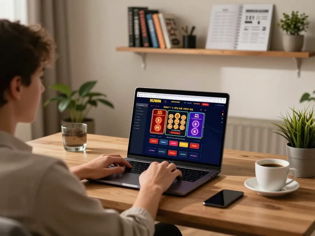Engaged player using KUWIN app on a laptop to enjoy online gambling in a cozy home setting.