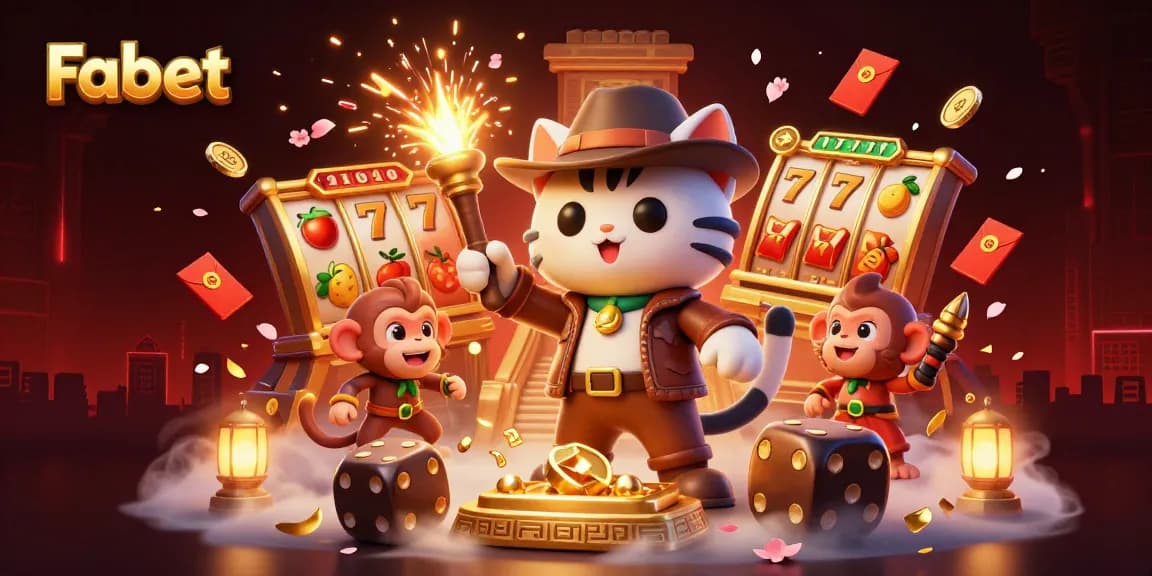 Fabet gameplay scene featuring a cat archaeologist uncovering casino treasures with slots and vibrant elements.