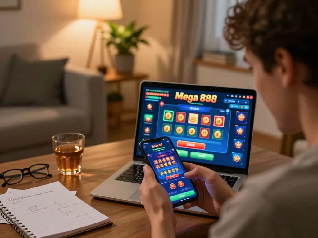 Mega 888 player celebrating a win on a mobile app during a cozy home gaming session