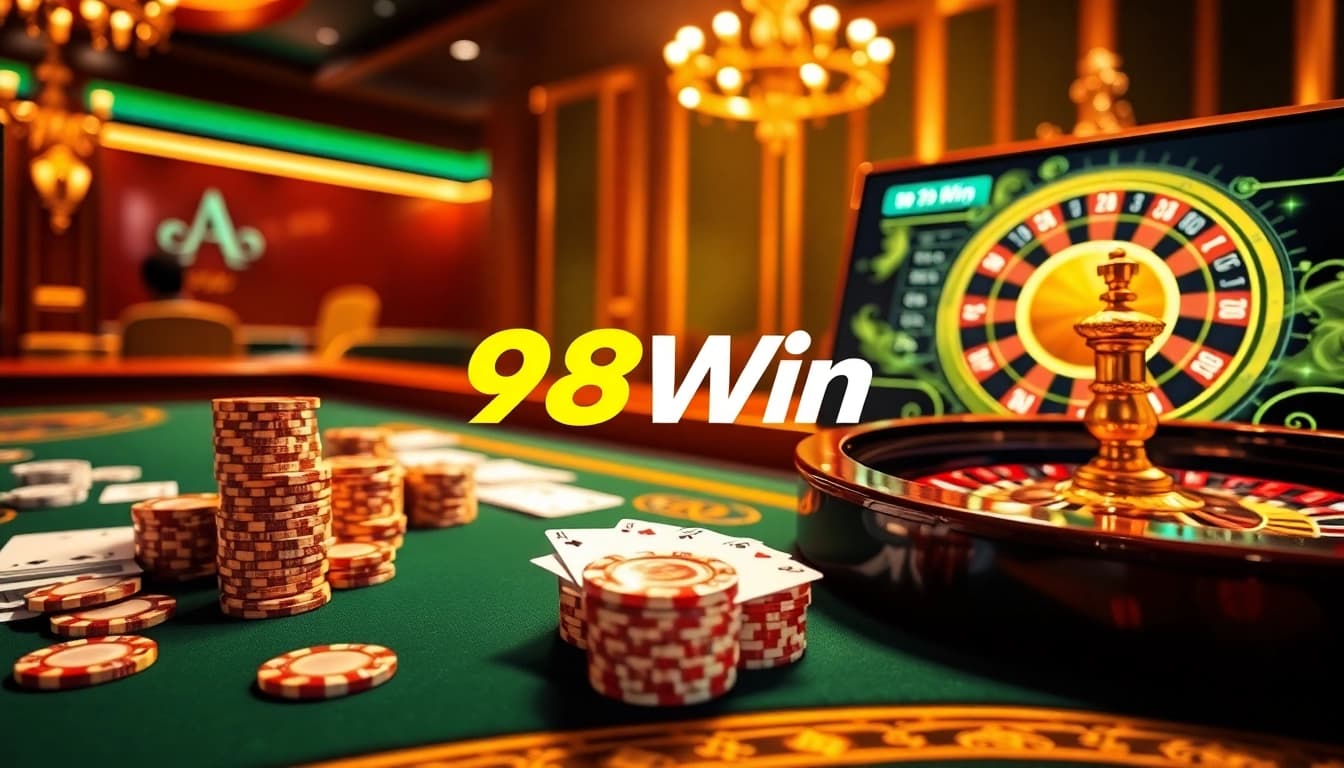 Experience winning thrills at 98Win with luxurious casino tables and vibrant poker chips.