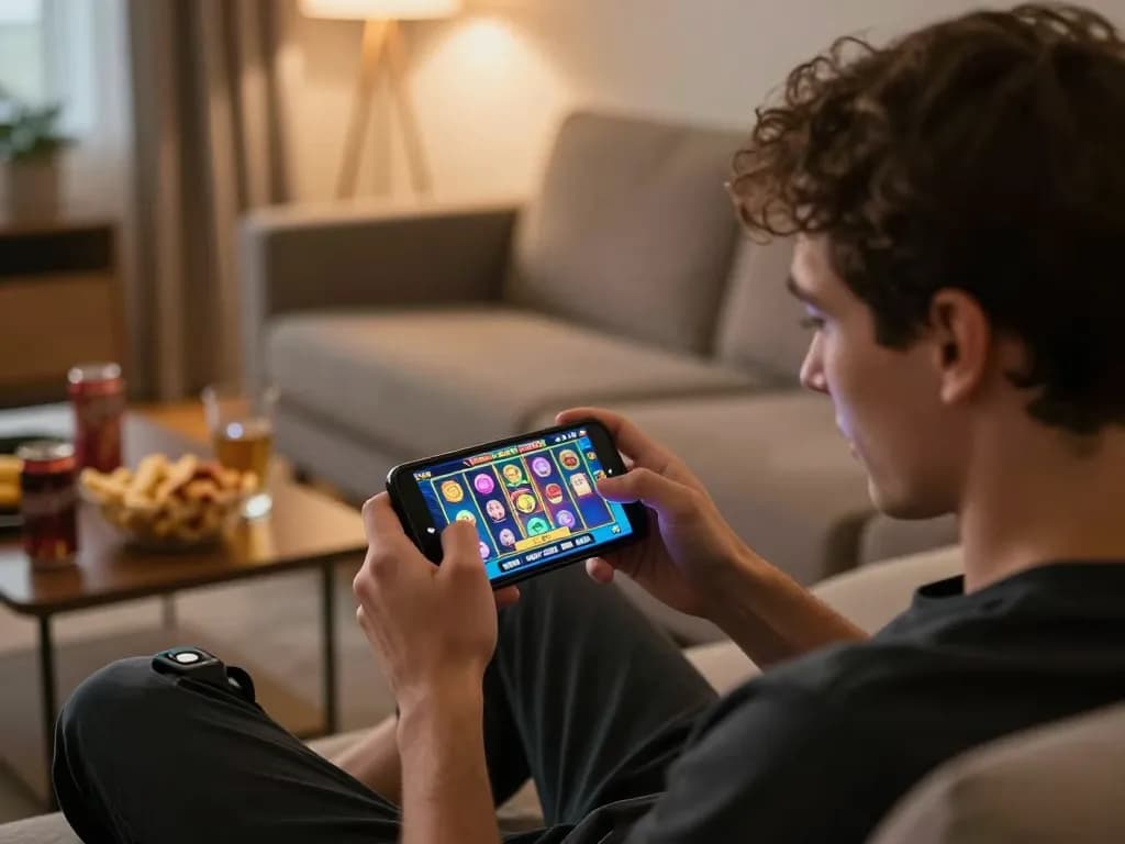 Lovingaze player engaging with exciting online slots game on smartphone in relaxed living room.