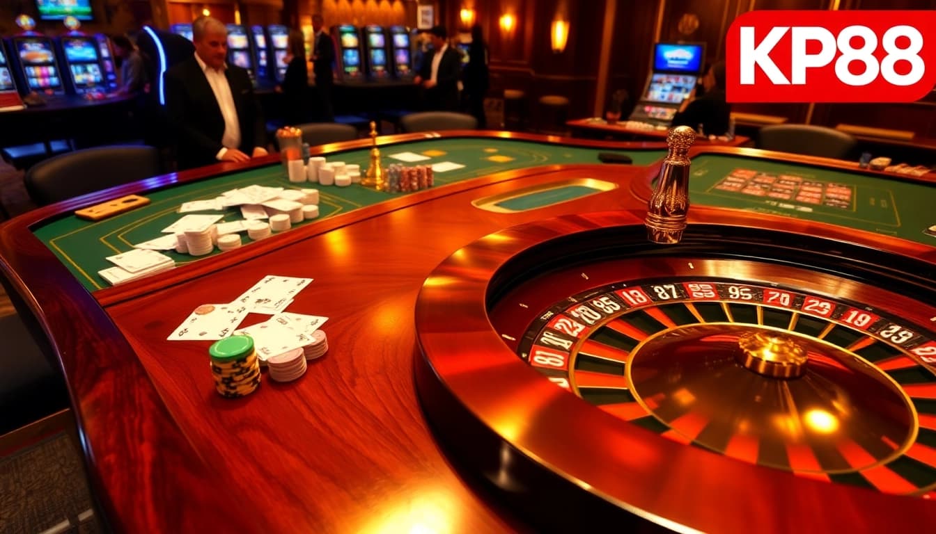 Players reveling at a KP88 poker table, showcasing vibrant chips, cards, and luxury ambiance.