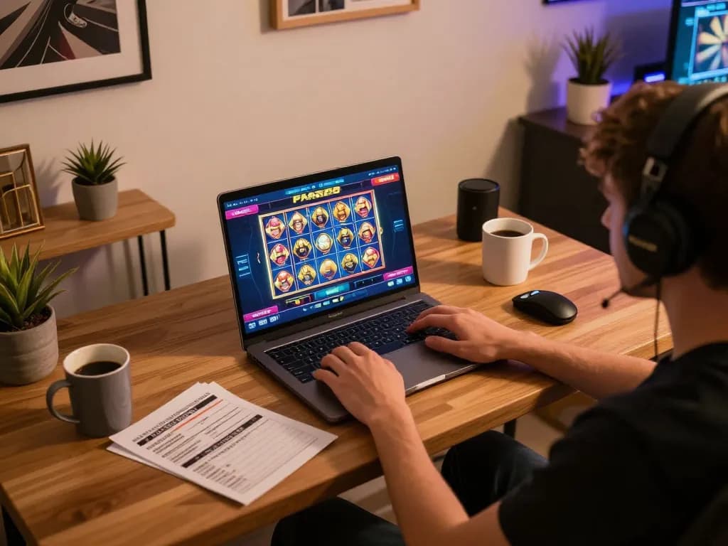 Engaging player using FAFA828 online slots on a laptop at home with cozy decor