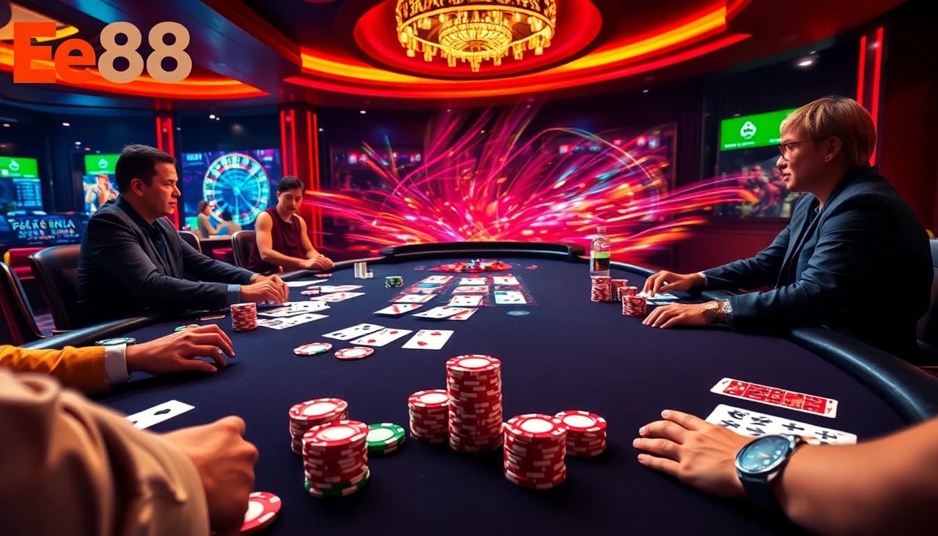 Players enjoying a thrilling game at Ee88 casino with vibrant poker chips and cards on the table.