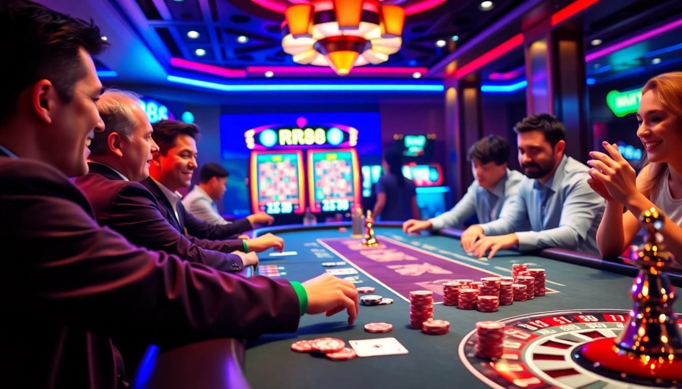 Experience the thrill of gambling at RR88.mov, featuring poker tables and vibrant slot machines.