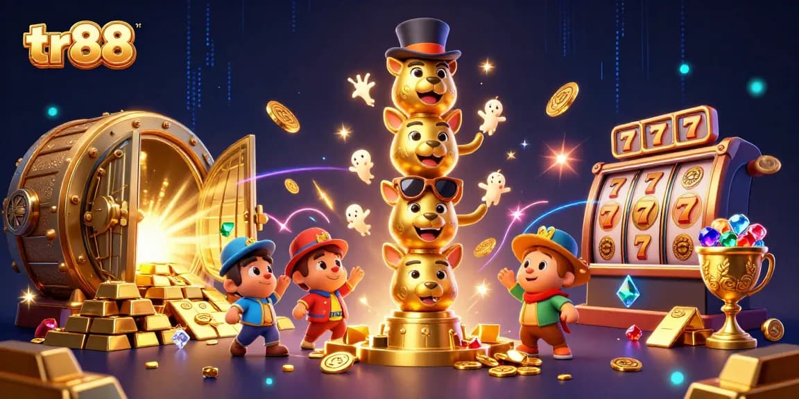 Win big at tr88 with a vibrant 3D casino illustration featuring lively characters and exciting game elements.