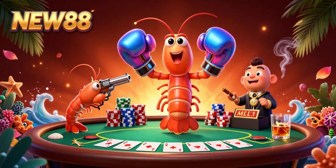 Experience the thrilling poker action at NEW88 with an exciting scene featuring dynamic characters and vibrant casino elements.