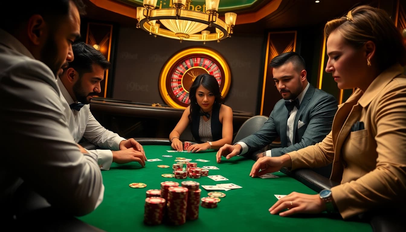 Experience high-stakes action at the i9bet poker table with classic gaming elements like chips and cards.