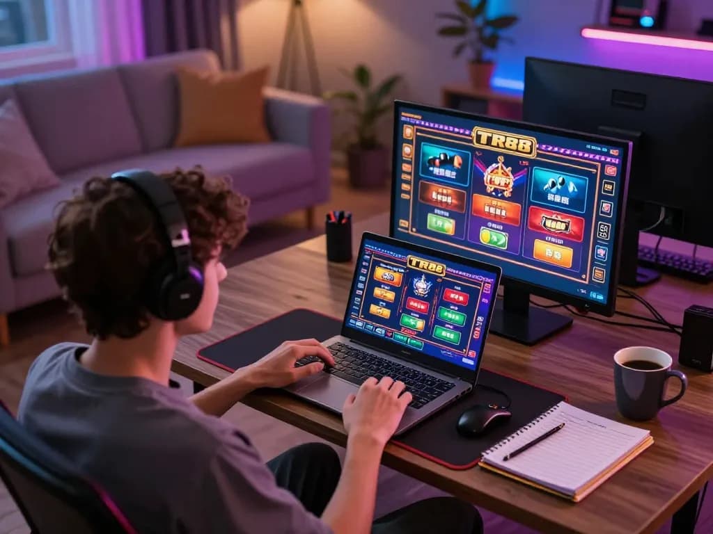Engaging with TR88 online casino games on a laptop in a cozy home setup.