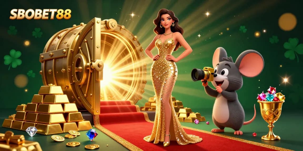 SBOBET88 sports betting illustration showcasing a glamorous scene filled with treasure and excitement.