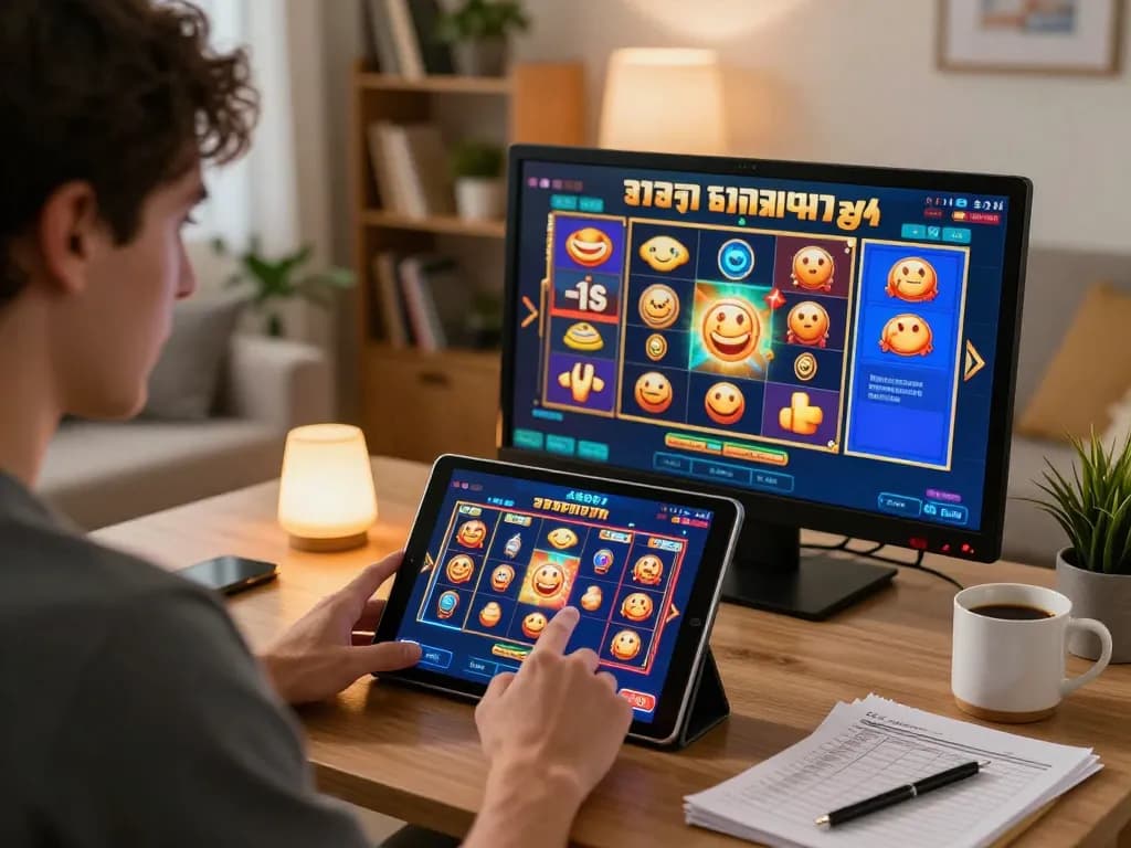 Engaging player spinning online slot machine on tablet in a cozy home setting.