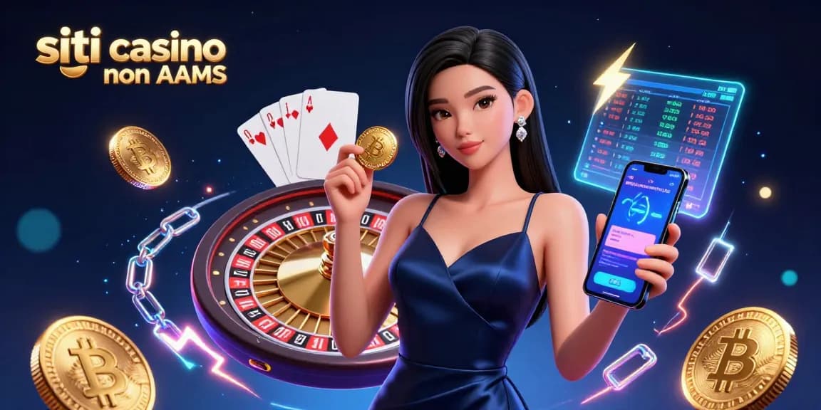 Esplora il mondo dinamico dei siti casino non AAMS con una splendida donna asiatica che tiene un'app casino e un chip dorato.