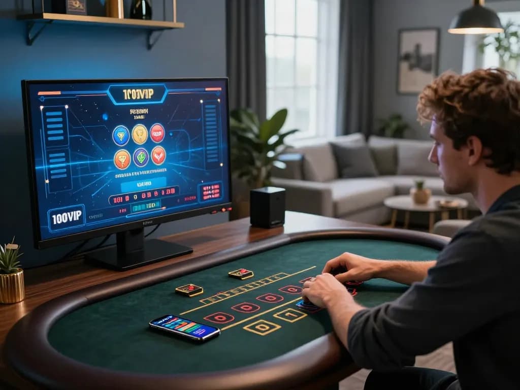 Engaged player enjoying 100VIP online live dealer game at home with sleek setup.