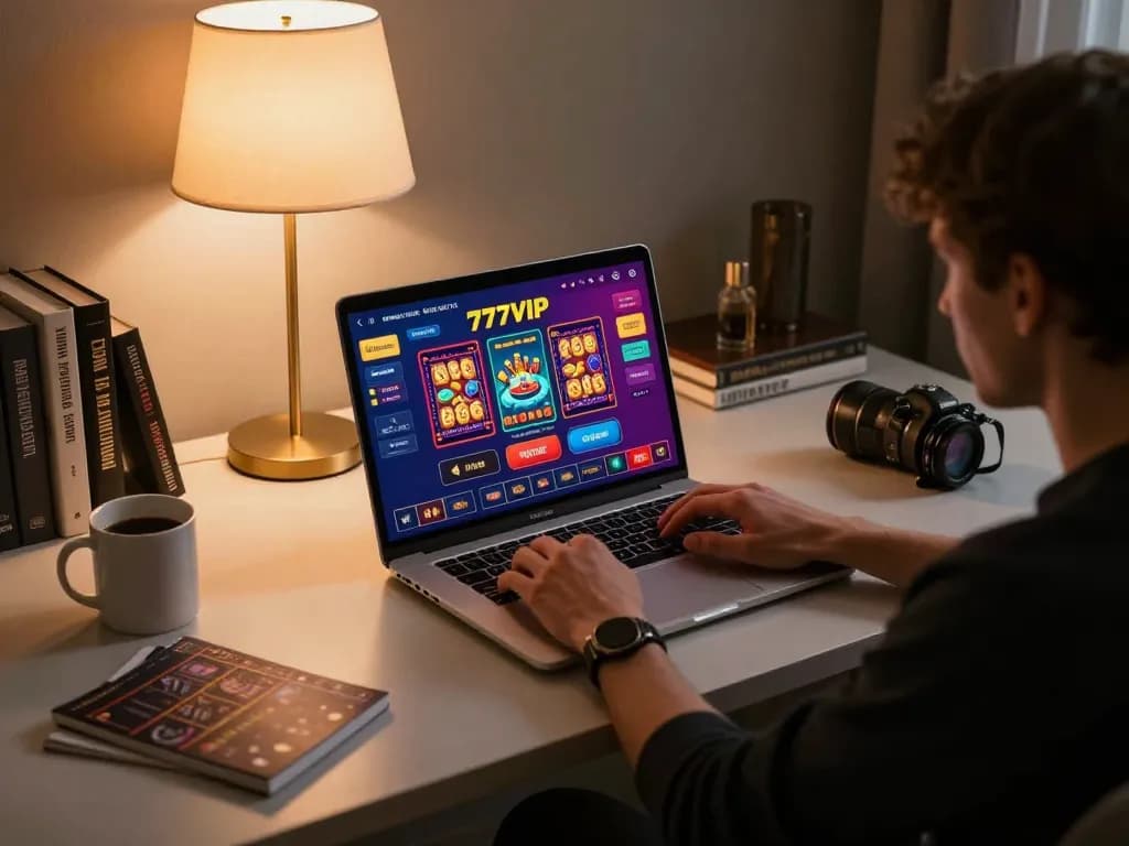 Player engaging with 777VIP's online casino interface, showcasing vibrant games and strategic options.