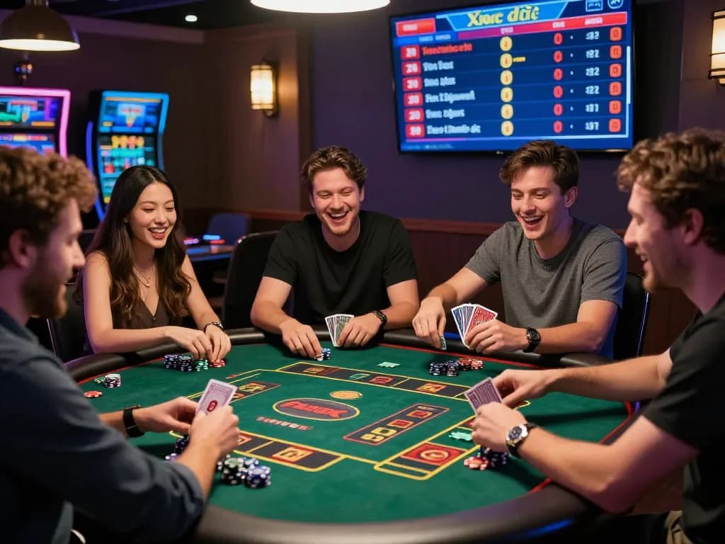 Exciting kuwin online gambling scene with players engaged in Xóc đĩa game, showcasing vibrant gameplay and camaraderie.