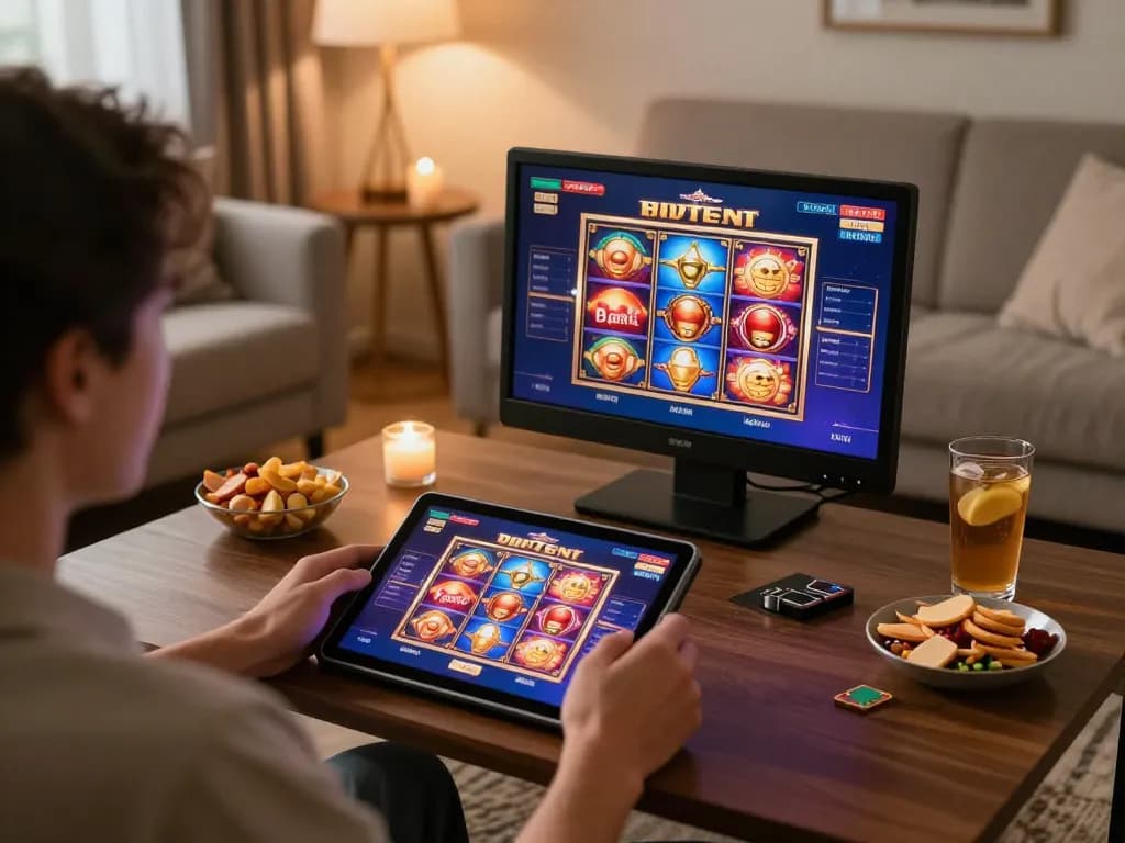 Engaging gaming moment at https://betbdt.art with a user interacting with a colorful casino app on a tablet