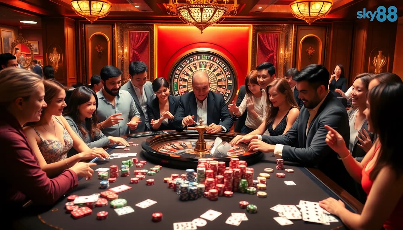 Exciting gameplay at nhà cái sky88 casino featuring vibrant chips and engaging players.