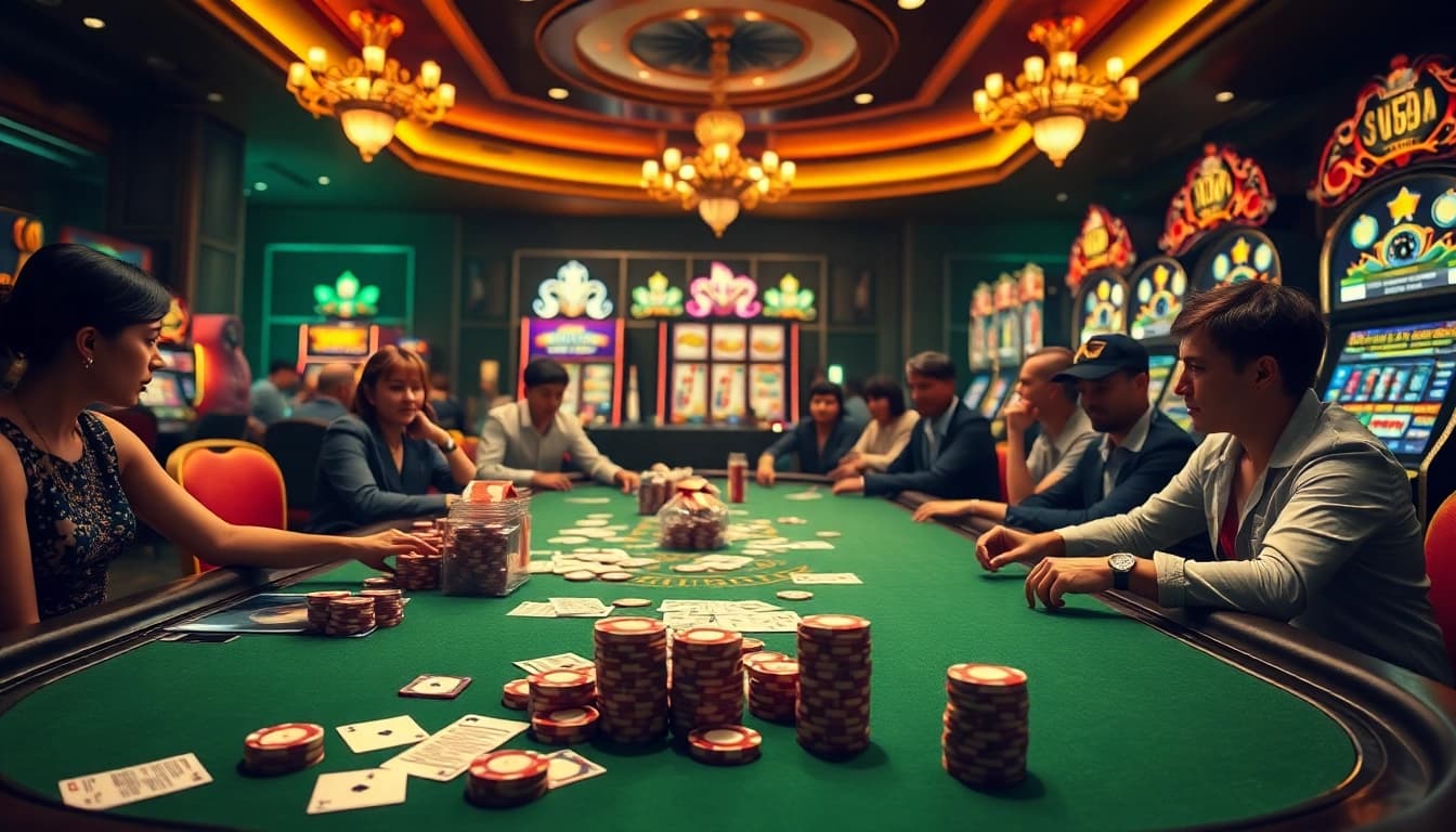 Situs11 gambling players enjoying high-stakes poker and vibrant slot machines.
