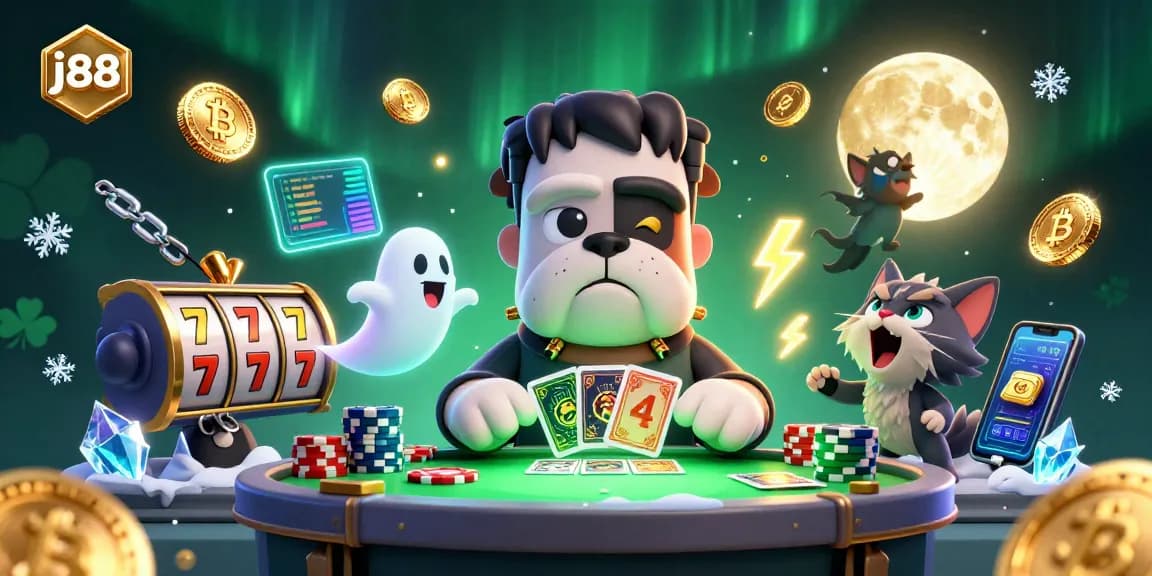 Engage with thrilling j88 gameplay as a Frankenstein bulldog deals cards at a casino table surrounded by crypto elements.