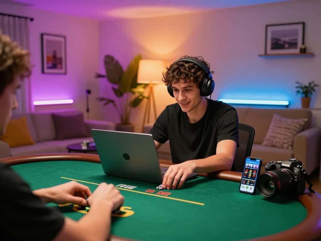 Engaging online poker session with a user analyzing 789 strategies on a laptop at home.
