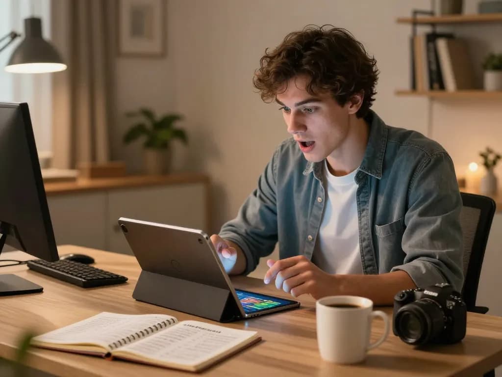 Mega888 user strategizing gameplay on tablet in a cozy home setting.