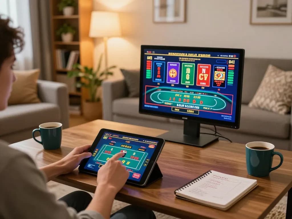 Player enjoying live casino games on dr88 tablet in a cozy living room setting.